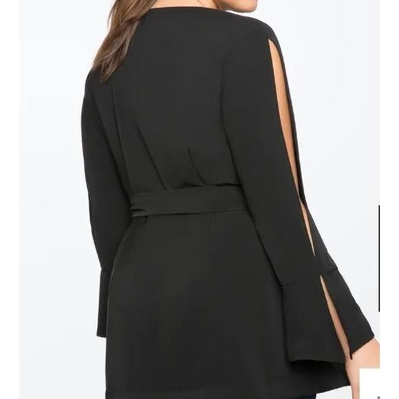Eloquii Black Split Long Sleeve Tie Belt Wrap Top - Picture 2 of 12